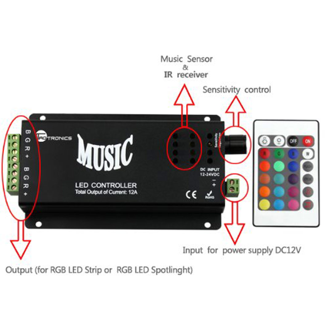 DC12/24V 3A4CH Max 144W, LED Music rhythm Black or White Controller Sound Recognition for bar or cars, IR Remote control RGB Strips or Modules DC12/24V 3A4CH Max 144W, LED Music rhythm Black or White Controller Sound Recognition for bar or cars, IR Remote control RGB Strips or Modules